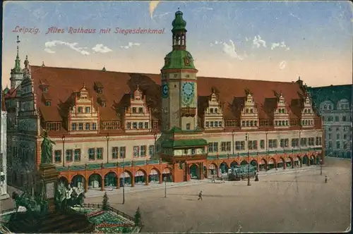 Ansichtskarte Leipzig Altes Rathaus mit Siegesdenkmal 1925