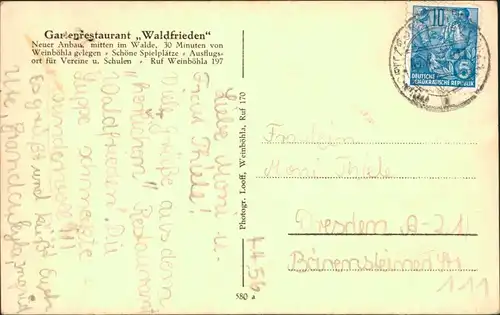 Ansichtskarte Weinböhla Gartenrestaurant "Waldfrieden" 1932