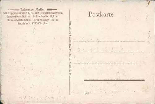 Ansichtskarte Dippoldiswalde Talsperre Malter mit Elektrizitätswerk 1914