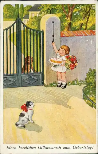 Geburtstag - Mädchen mit Blumen u. Kuchen klingelt an Tor, Hund, Katze 1935