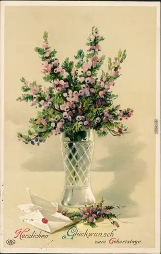  Glückwunsch/Grußkarten: Geburtstag - Blumen in Vase, Brief 1915 Prägekarte