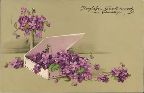  Glückwunsch/Grußkarten: Geburtstag - Vase und Schatulle mit Blumen 1916