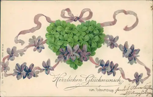  Glückwunsch/Grußkarten: Geburtstag - Kleeherz mit Blumenband 1910 Prägekarte