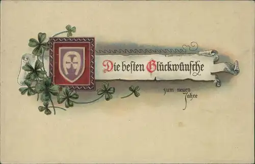 Geburtstag - Kleeblätter, Wappen, Bandrolle 1914 Prägekarte
