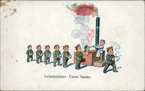 Humor - Soldatenleben: Essen fassen - Soldaten stehen Essensausgabe an 1917