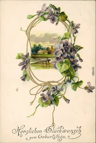 Geburtstag - Blumenrahmen mit Bild von See und Haus 1909 Prägekarte