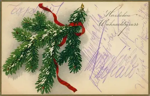  Glückwunsch/Grußkarten: Weihnachten - Tannenzweig mit rotem Band 1918 Goldrand
