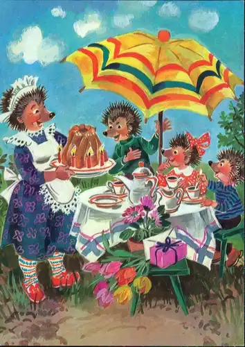 Ansichtskarte  Geburtstagsfeier im Garten mit Kuchen 1980