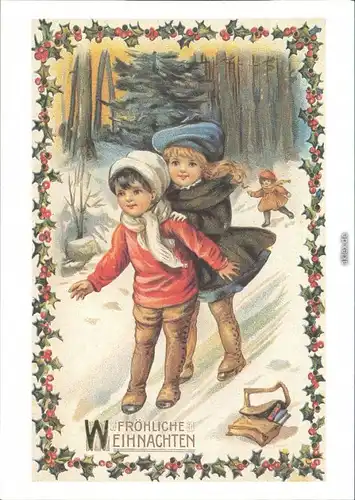 Historische   - Kinder mit Gleitschuh im Wald im Winter 1900/1989 Goldrand