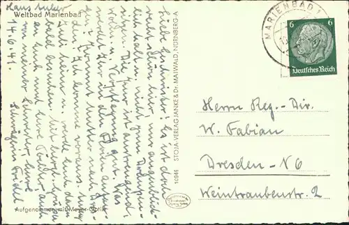 Postcard Marienbad Mariánské Lázně Blick auf den Ort 1941