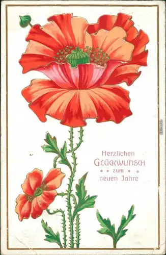  Glückwunsch - Neujahr: rote Blume mit geöffneter Blüte 1914 Goldrand