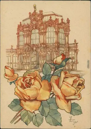 Innere Altstadt-Dresden Künstlerkarte v. Gv. - Dresdner Zwinger und Rosen 1948