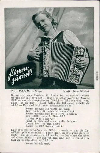 Ansichtskarte  Liedansichtskarte "Komm zurück" - Frau mit Akkordeon 1938