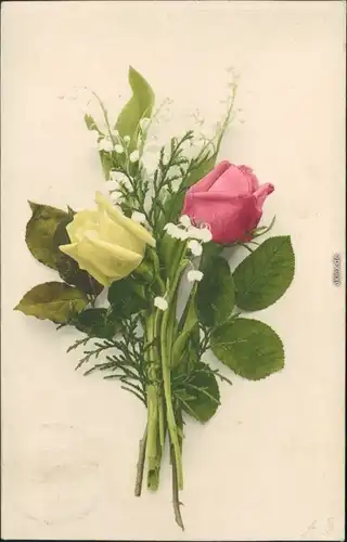  Blumenstillleben - rosa- u. gelbfarbene Rosen mit Maiglöckchen 1901
