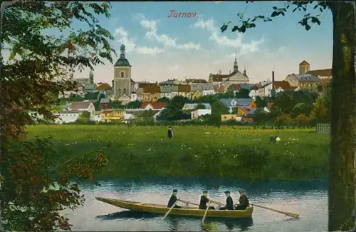 Postcard Turnau Turnov Paddelboot vor Stadt 1913