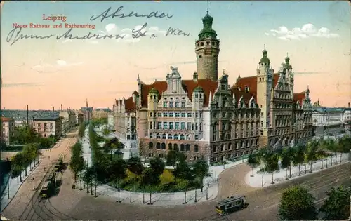 Ansichtskarte Leipzig Neues Rathaus und Rathausring 1914