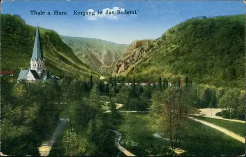 Ansichtskarte Thale (Harz) Eingang in das Bodetal, Kirche 1934