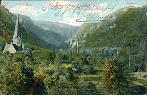 Ansichtskarte Treseburg Bodetal Harz - Eingang - Kirchturmspitze g1911