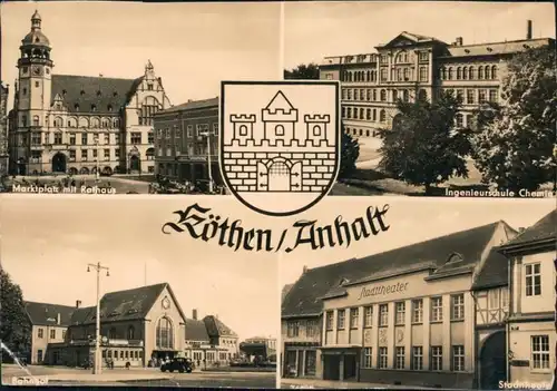 Köthen Markt mit Rathaus, Ingenieurschule Chemie, Bahnhof, Stadttheater 1959
