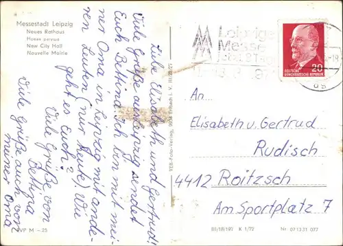Ansichtskarte Leipzig Neues Rathaus 1972