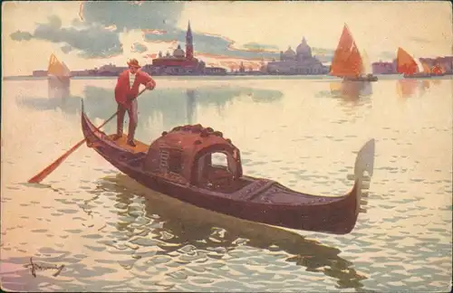 Venedig Venezia Gondola e Isola S. Giorgio Gemälde  und S. Georgio Insel 1918