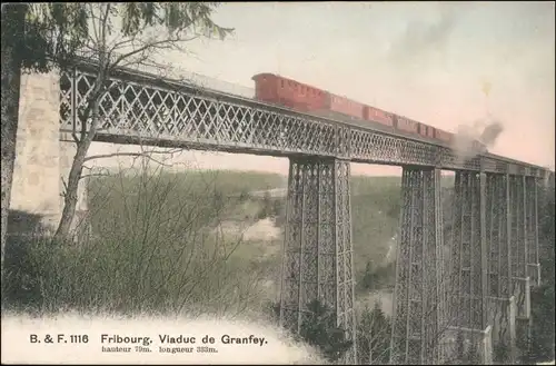 Freiburg im Üechtland Fribourg Eisenbahn auf dem Viadukt de Granfrey 1908 