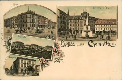 Ansichtskarte Chemnitz Litho AK: Börse, Schlachthof, Reichsbank 1900 