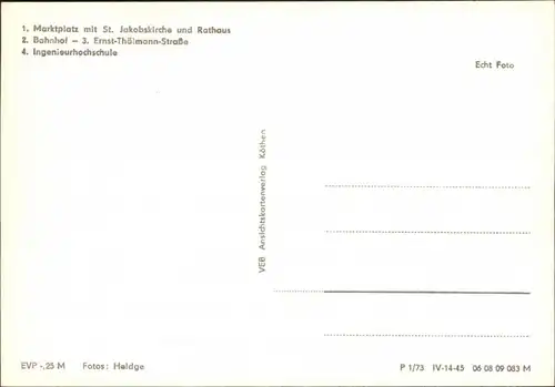 Ansichtskarte Köthen Markt, Jakobskirche, Rathaus, Bahnhof, Schule 1973