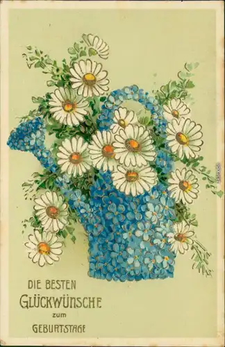 Glückwunsch/Grußkarten: Geburtstag - Margeriten in  Gießkanne 1910 Goldrand