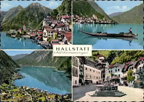 Hallstatt Hallstätter See, Panorama, Boot, Marktplatz mit Denkmal 1985