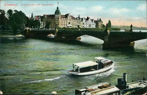 Ansichtskarte Konstanz Motorboot- Rheinbrücke - Seestrase 1914 