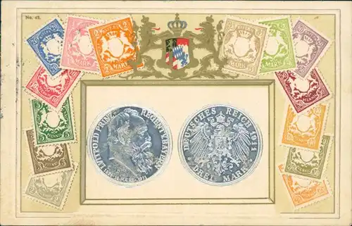 Bayern  Münzen und Briefmarken Bayern Briefmarken-Ansichtskarte 1913 Prägekarte