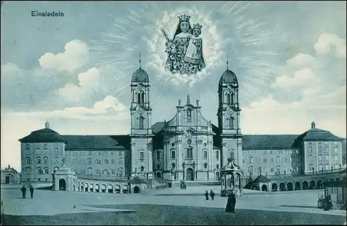 Ansichtskarte Einsiedeln Maria und Jesus über dem Kloster 1913 