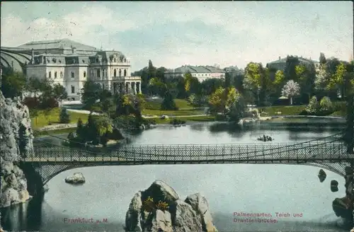 Ansichtskarte Frankfurt am Main Palmengarten, Teich und Drahtseilbrücke 1909 