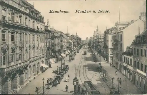 Ansichtskarte Mannheim Planken und Börse - Straßenbahn 1909 