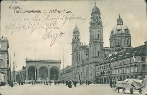 Ansichtskarte München Rheatinerhofkirche mit Feldherrnhalle 1908 