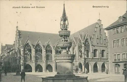 Ansichtskarte Braunschweig Altstadt Rathaus und Brunnen 1912 