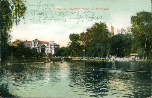 Ansichtskarte Karlsruhe Stadtgartensee und Festhalle 1909