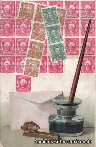 Ansichtskarte Postcard Tintenfass mit Briefmarken (Brief