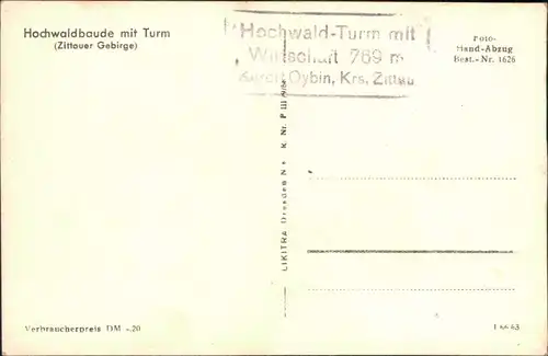 Ansichtskarte Oybin Hochwaldbaude mit Turm 1962 