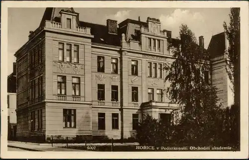 Postcard Horschitz Hořice v Podkrkonoší Obchodni akademie 1942