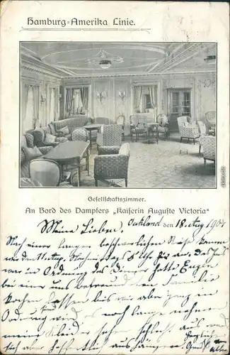 Ansichtskarte  Gesellschaftszimmer - Dampfer Kaiserin Auguste Viktoria 1907 