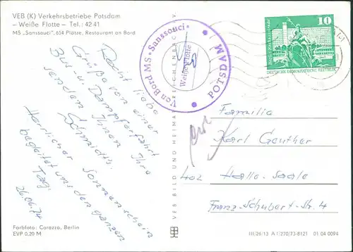 Ansichtskarte Potsdam Weiße Flotte Fahrgastschiff MS Sanssouci 1973 Bordstempel