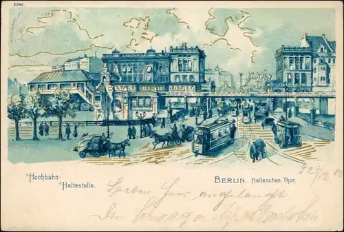 Kreuzberg-Berlin Haltestelle - Künstlerkarte Hallesches Tor 1902 Goldrand