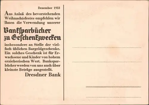 Ansichtskarte  Werbekarte Dresdner Bank - Weichnachten 1933