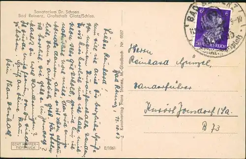 Postcard Bad Reinerz Duszniki-Zdrój Sanatorium Dr. Schoen 1943
