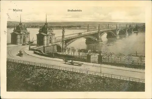 Ansichtskarte Mainz Rheinbrücke - Straßenbrücke 1916