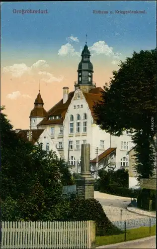 Ansichtskarte Großröhrsdorf Kriegerdenkmal und Rathaus 1915 