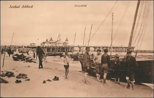 Ahlbeck (Usedom) Strandbild, Seebrücke - Fischer und Boote 1913 