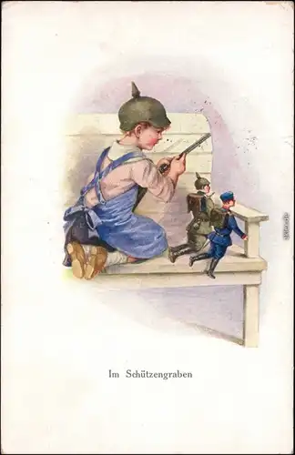Ansichtskarte  KInd als Soldat - Künstlerkarte - Schützengraben 1915 
